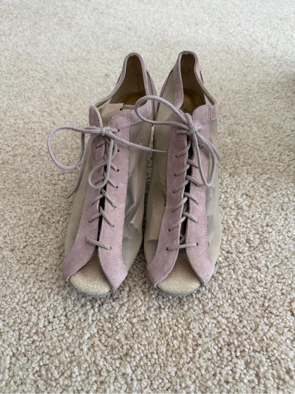 Lace-Up Peep-Toe Heels in Taupe side is see through mesh